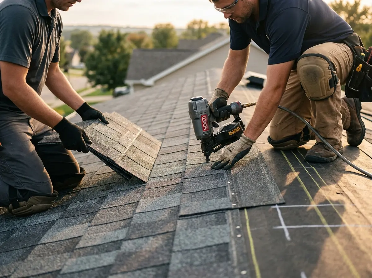 Professional roofer working on a residential roof in Lake Zurich